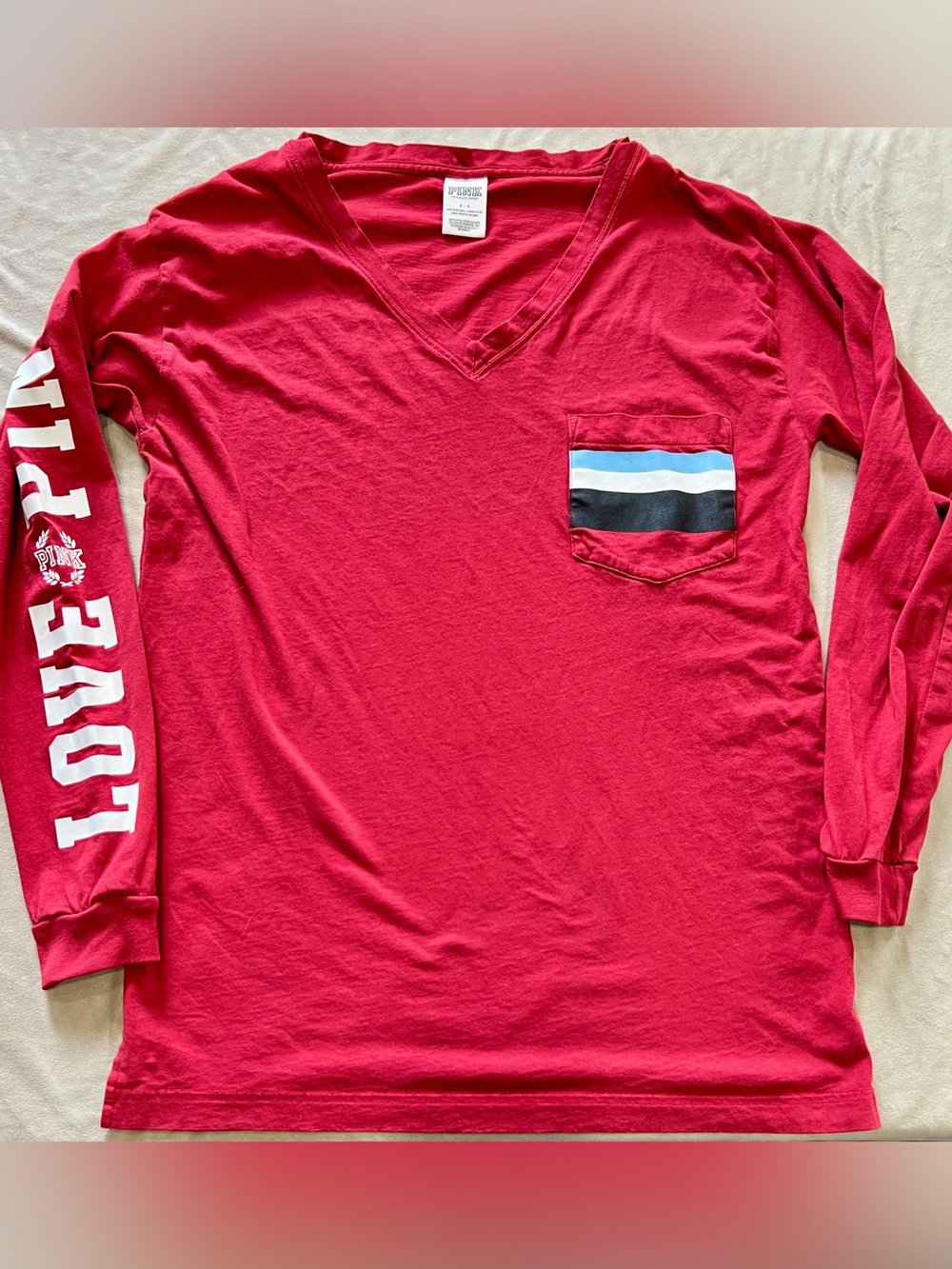 PINK Victoria's Secret Bright Red Long Sleeve V Neck Tee Striped Pocket